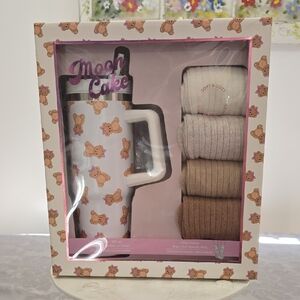 New NIB MOON CAKE Gift Set Teddy Bear Insulated Tumbler + Straw & 4 Prs Socks